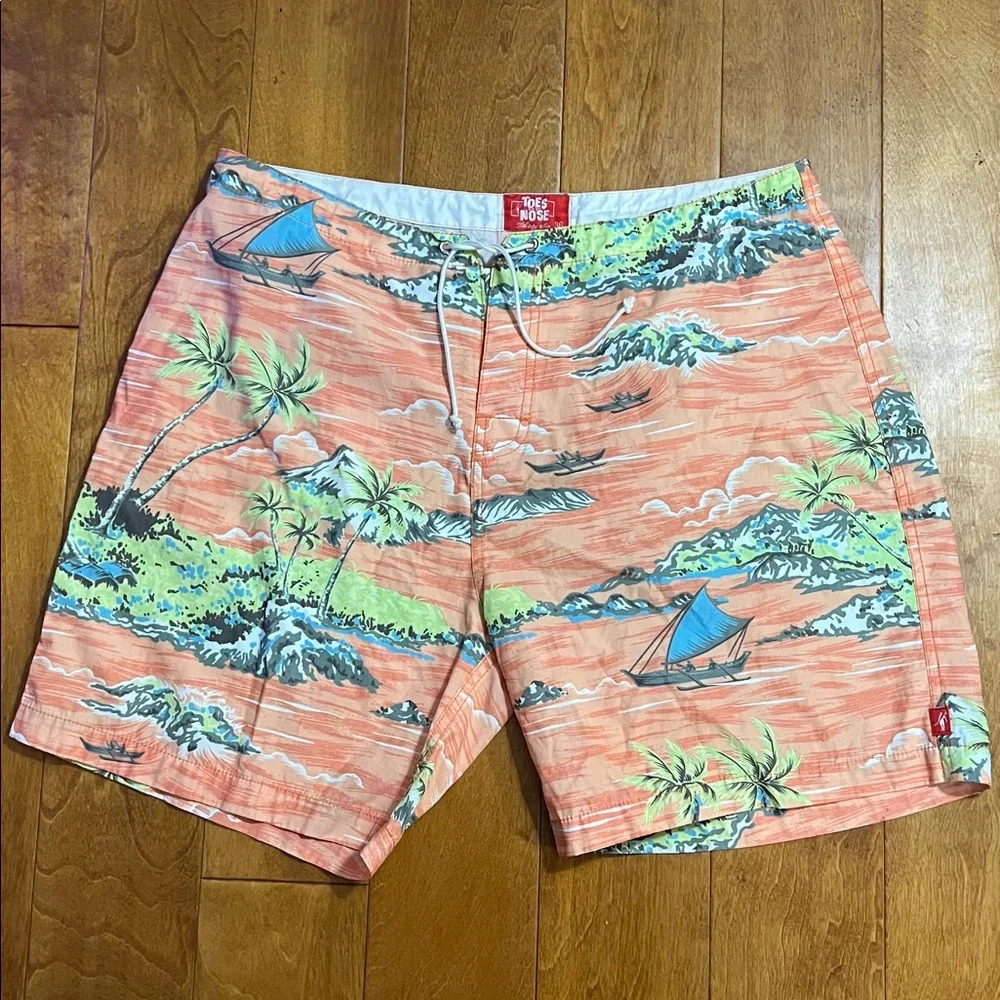 Toes on the Nose Hawaiian Board Shorts Mens 36 Orange Tropical Surf Swim Trunks